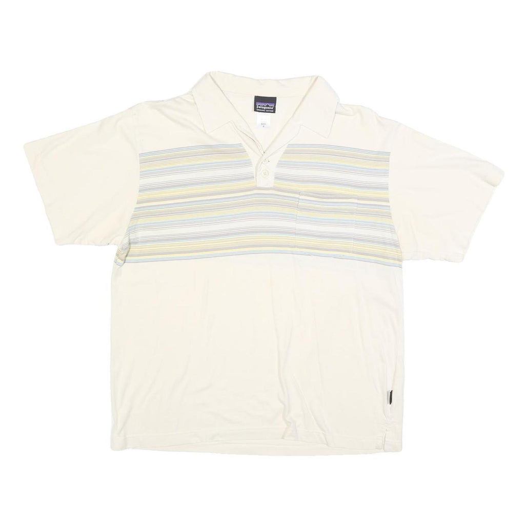 PATAGONIA Mens Cream & Yellow Stripe Short Sleeve Polo Shirt M Cotton Blend