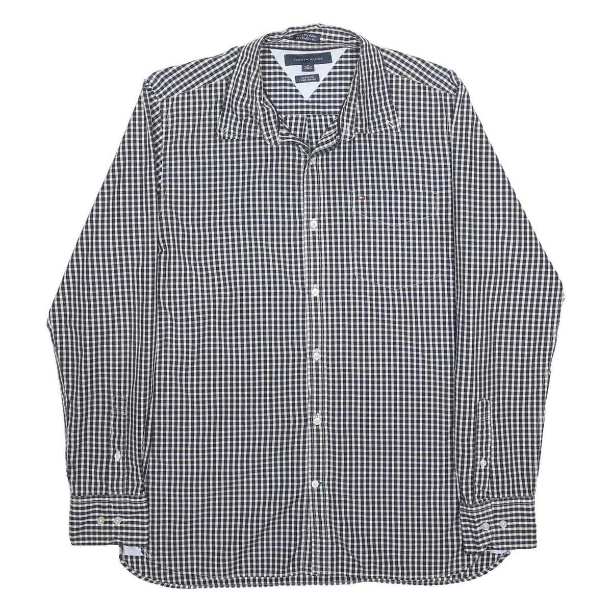 TOMMY HILFIGER Mens Black & White Check Shirt M Classic Cotton Button Long
