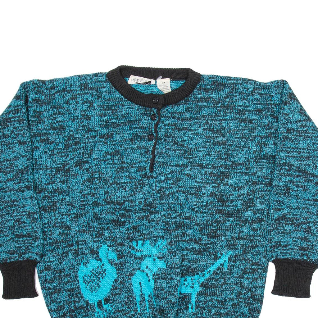ANDREW ST JOHN Womens Jumper Blue Button Neck Tight Knit S