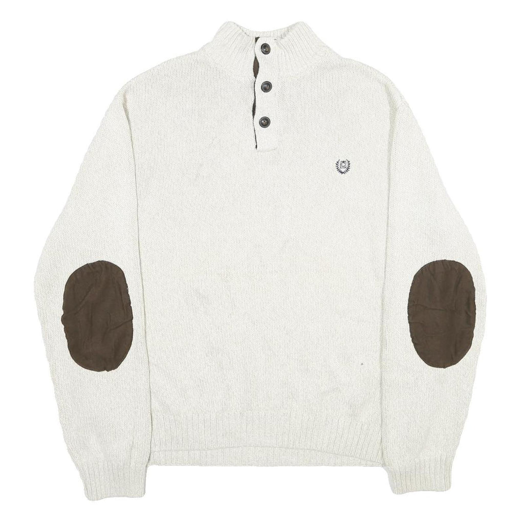 CHAPS Mens Cream Button Up Plain Crew Neck Basic Knit XL Cotton Jumper Elbow