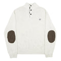 CHAPS Mens Cream Button Up Plain Crew Neck Basic Knit XL Cotton Jumper Elbow
