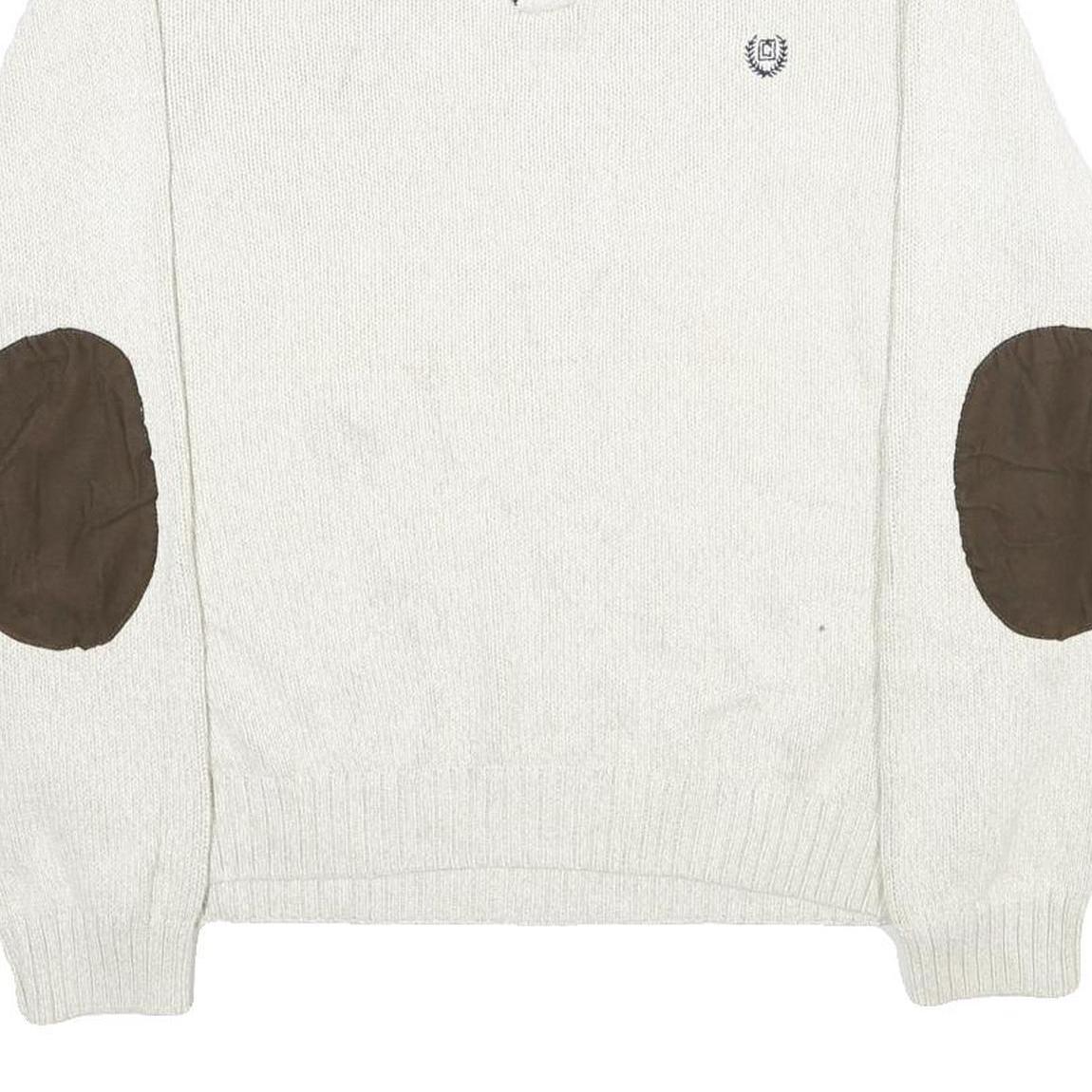 CHAPS Mens Cream Button Up Plain Crew Neck Basic Knit XL Cotton Jumper Elbow