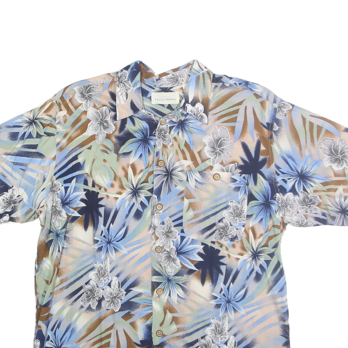 FALLS CREEK Mens Blue Green Brown Floral Rayon Shirt M Short Sleeve Casual