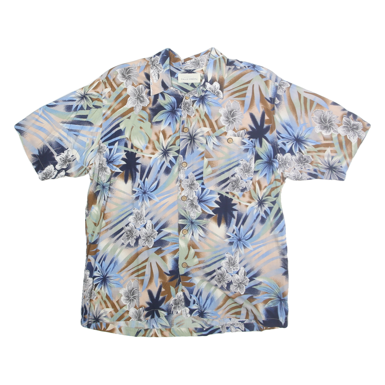 FALLS CREEK Mens Blue Green Brown Floral Rayon Shirt M Short Sleeve Casual