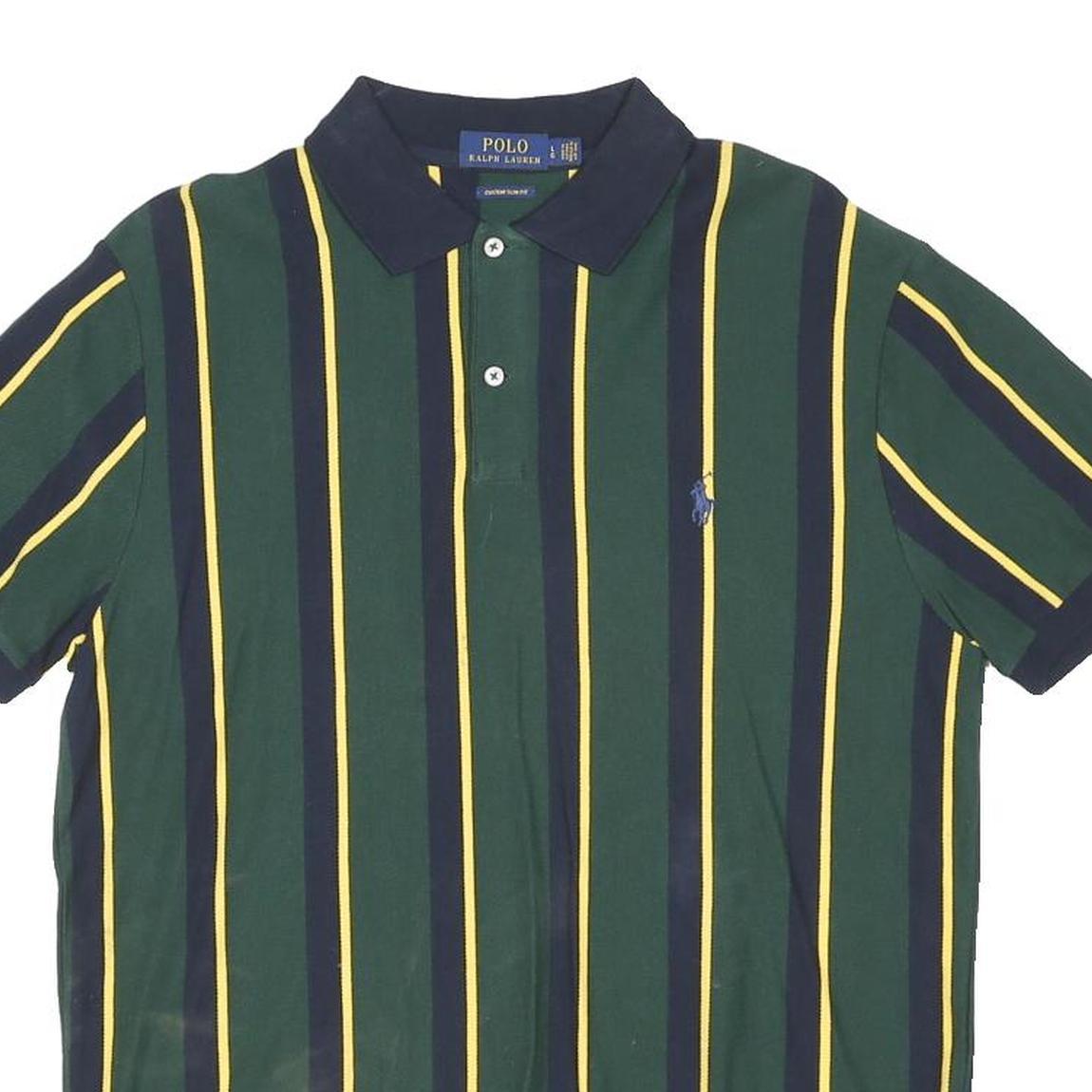 POLO RALPH LAUREN Mens Green & Yellow Striped Short Sleeve Polo Shirt L Cotton