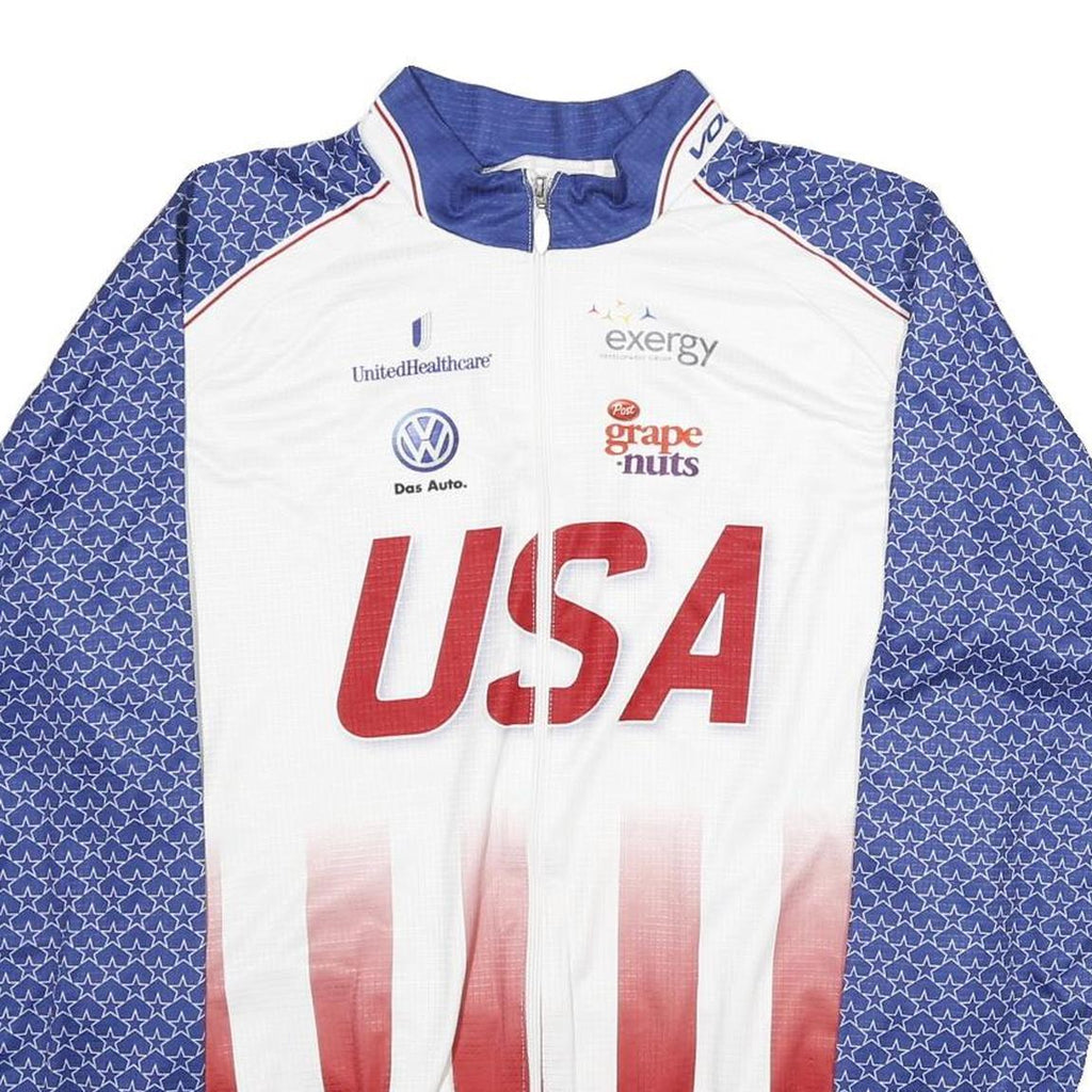 VOLEA Mens White & Blue USA Graphic T-Shirt 2XL Long Sleeve Crew Neck