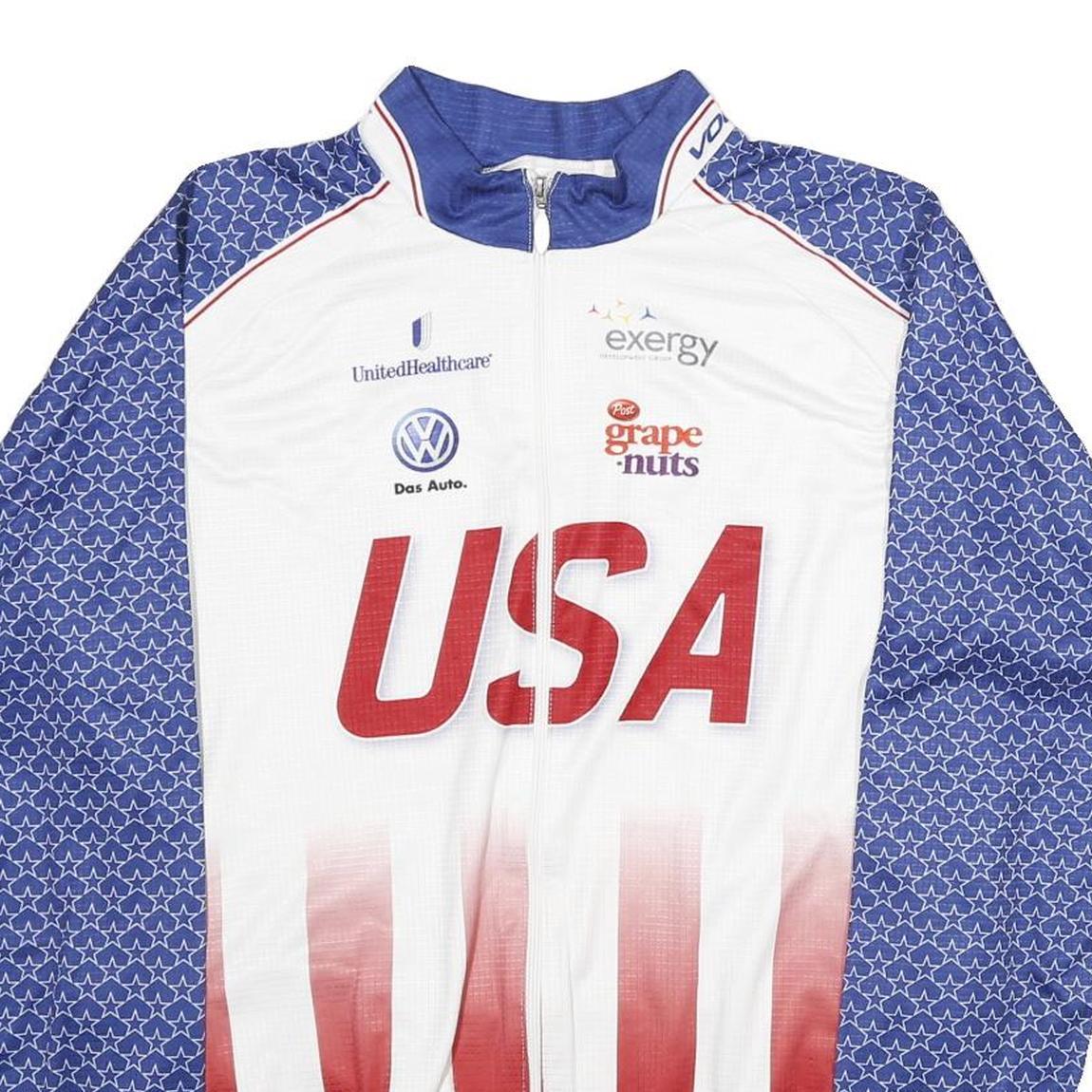 VOLEA Mens White & Blue USA Graphic T-Shirt 2XL Long Sleeve Crew Neck