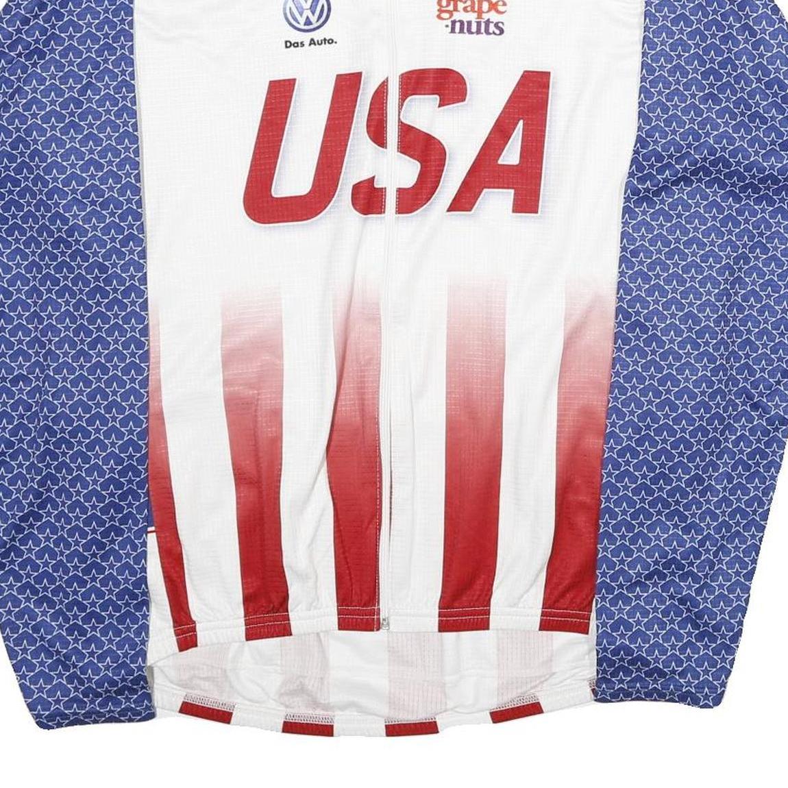 VOLEA Mens White & Blue USA Graphic T-Shirt 2XL Long Sleeve Crew Neck