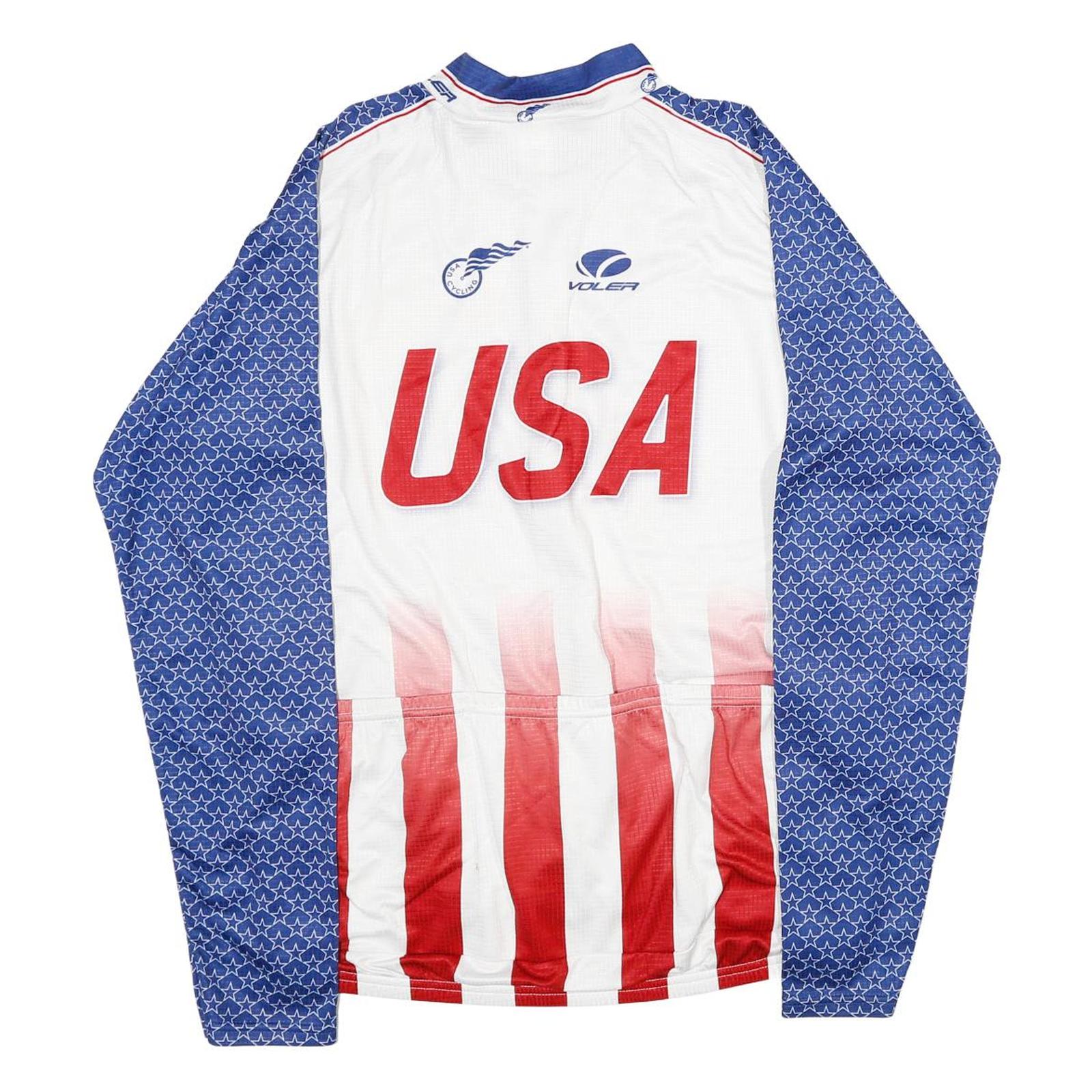 VOLEA Mens White & Blue USA Graphic T-Shirt 2XL Long Sleeve Crew Neck