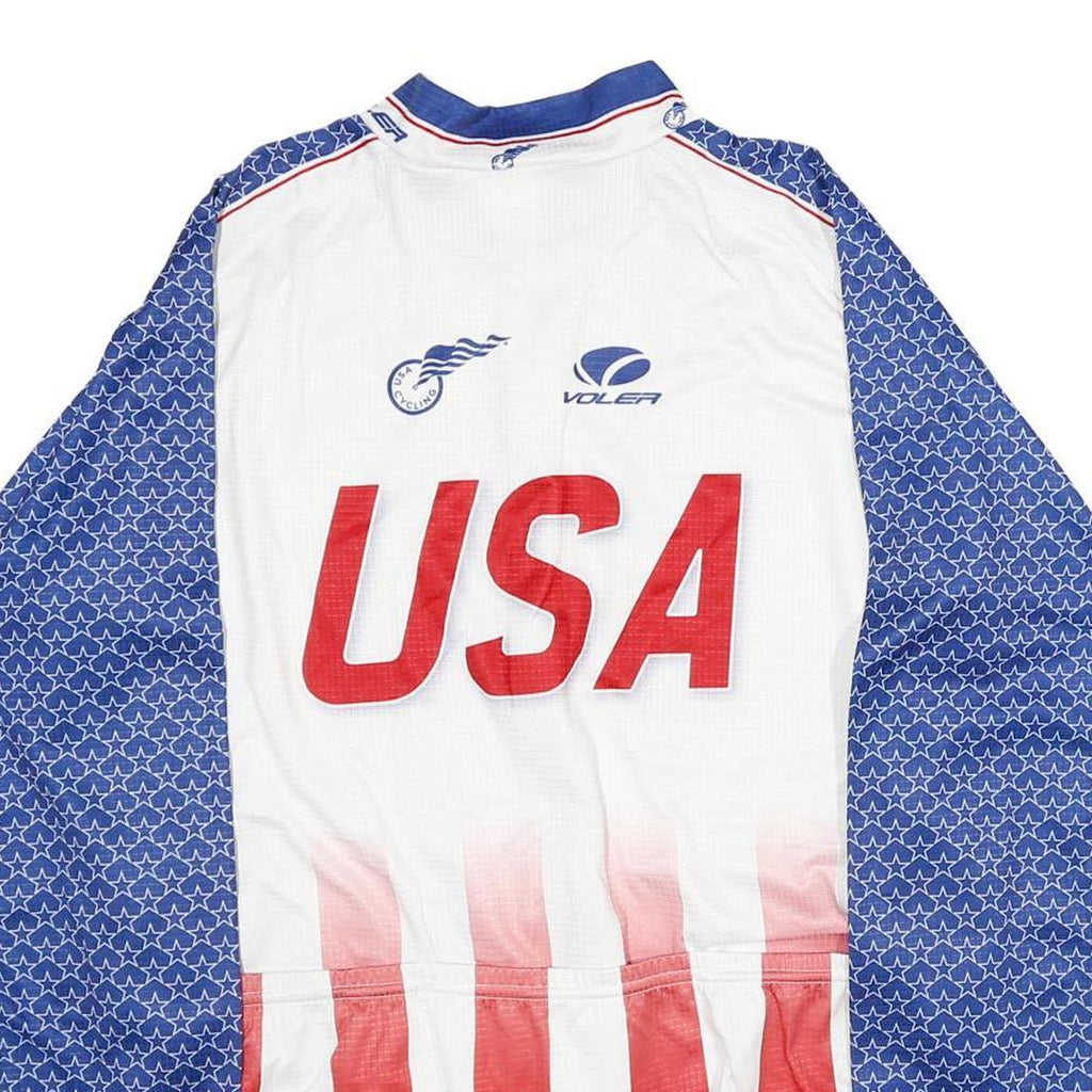 VOLEA Mens White & Blue USA Graphic T-Shirt 2XL Long Sleeve Crew Neck