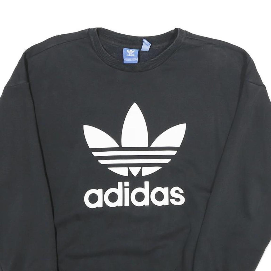 ADIDAS Womens Black Crew Neck Sweatshirt UK 12 Cotton Logo Casual Pullover