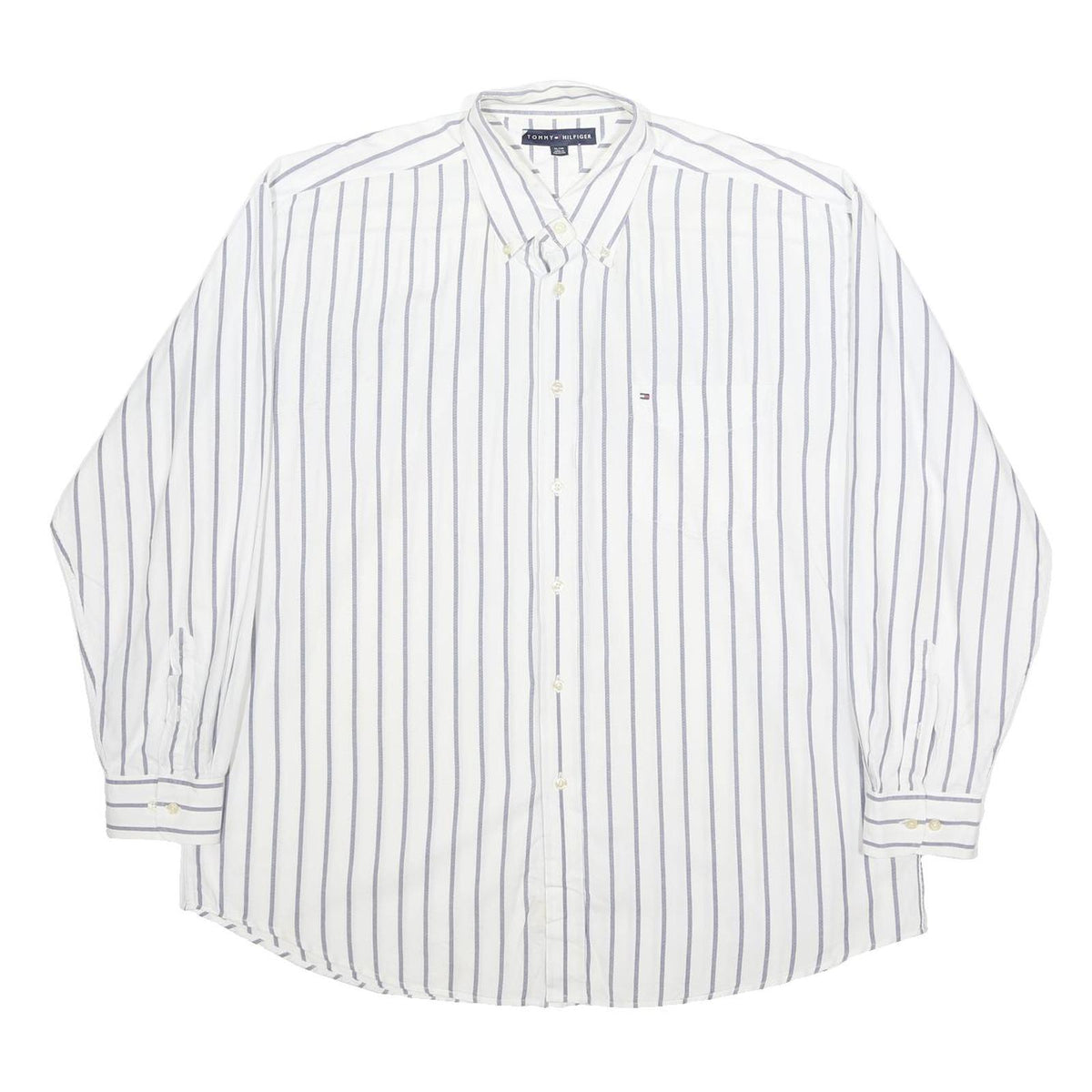 TOMMY HILFIGER Mens White & Grey Striped Shirt XL Classic Cotton Button-Down