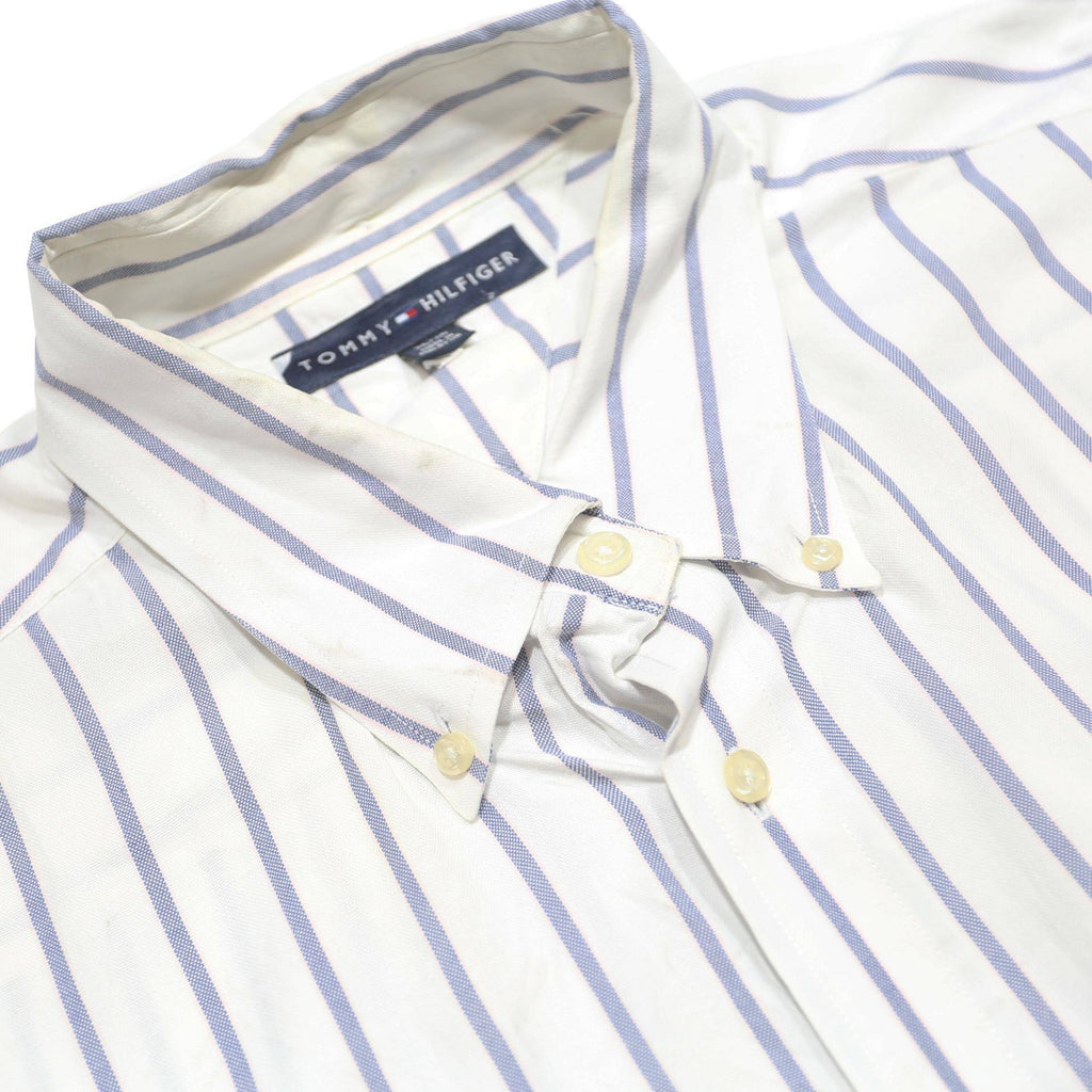 TOMMY HILFIGER Mens White & Grey Striped Shirt XL Classic Cotton Button-Down