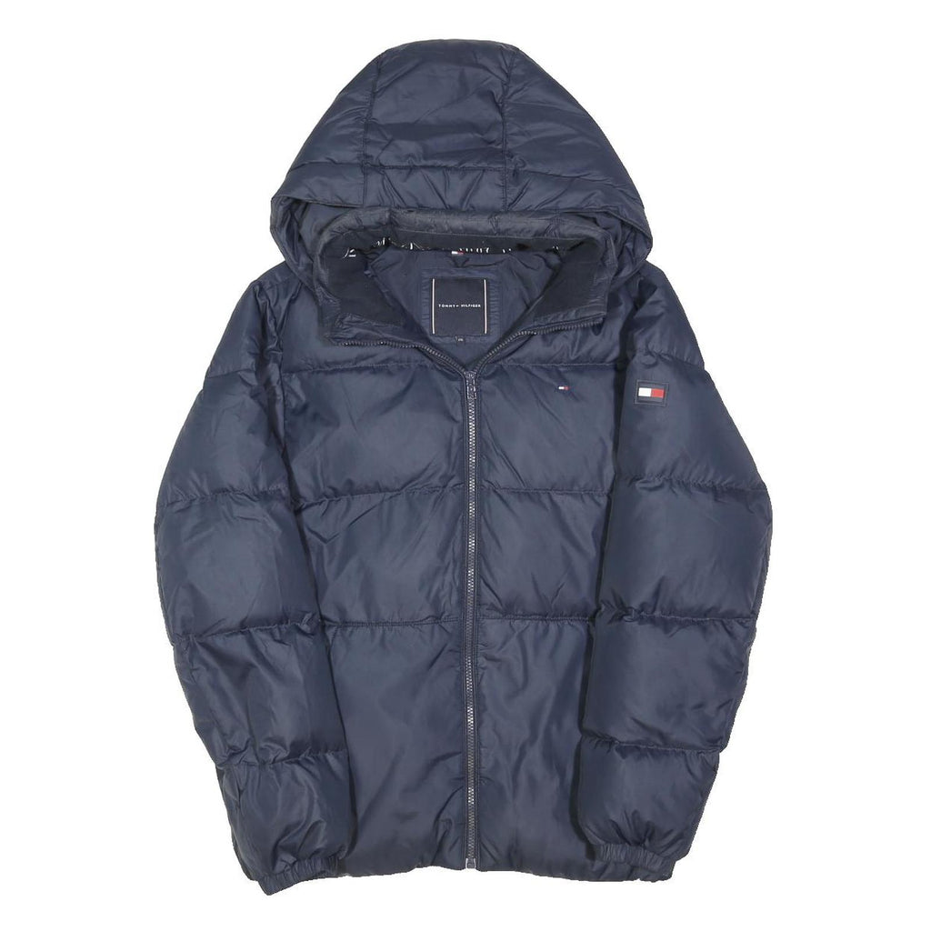 TOMMY HILFIGER Boys Navy Blue Down Jacket M Quilted Hooded Zip Warm Winter