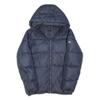 TOMMY HILFIGER Boys Navy Blue Down Jacket M Quilted Hooded Zip Warm Winter
