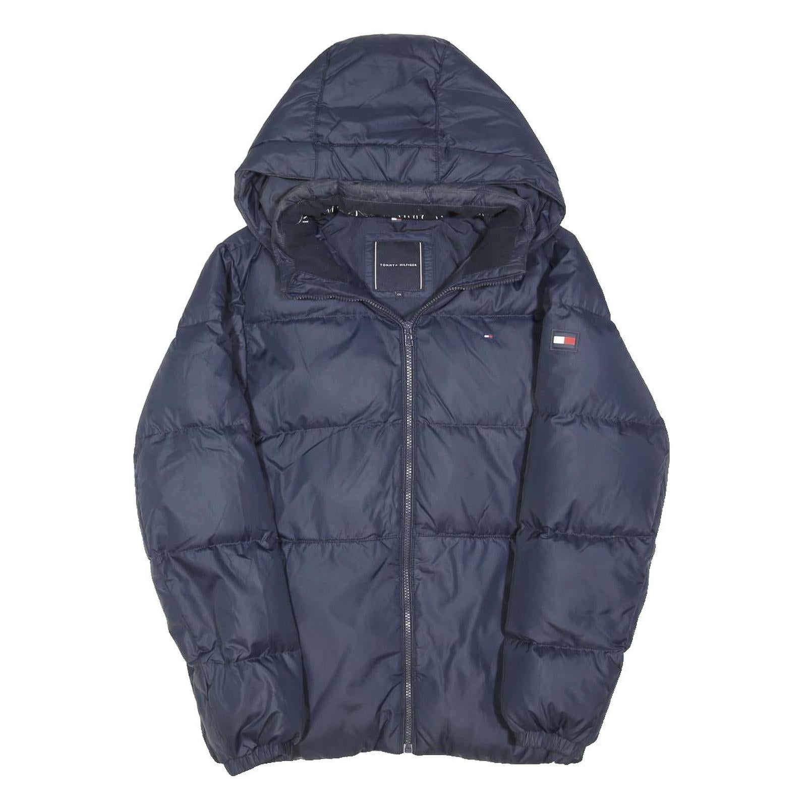 TOMMY HILFIGER Boys Navy Blue Down Jacket M Quilted Hooded Zip Warm Winter