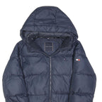 TOMMY HILFIGER Boys Navy Blue Down Jacket M Quilted Hooded Zip Warm Winter
