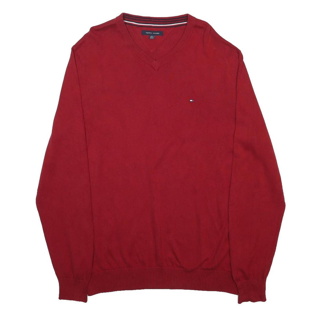 TOMMY HILFIGER Mens Red Plain V Neck Basic Knit Jumper XL Cotton Classic Style