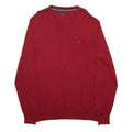 TOMMY HILFIGER Mens Red Plain V Neck Basic Knit Jumper XL Cotton Classic Style