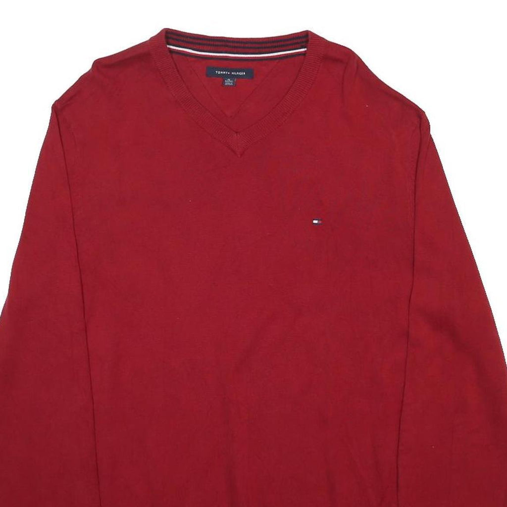 TOMMY HILFIGER Mens Red Plain V Neck Basic Knit Jumper XL Cotton Classic Style