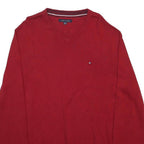 TOMMY HILFIGER Mens Red Plain V Neck Basic Knit Jumper XL Cotton Classic Style