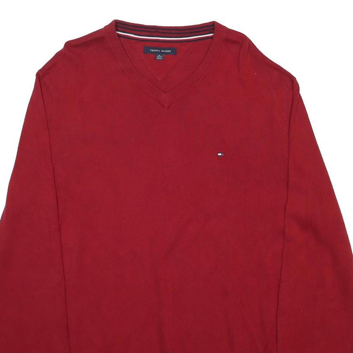 TOMMY HILFIGER Mens Red Plain V Neck Basic Knit Jumper XL Cotton Classic Style