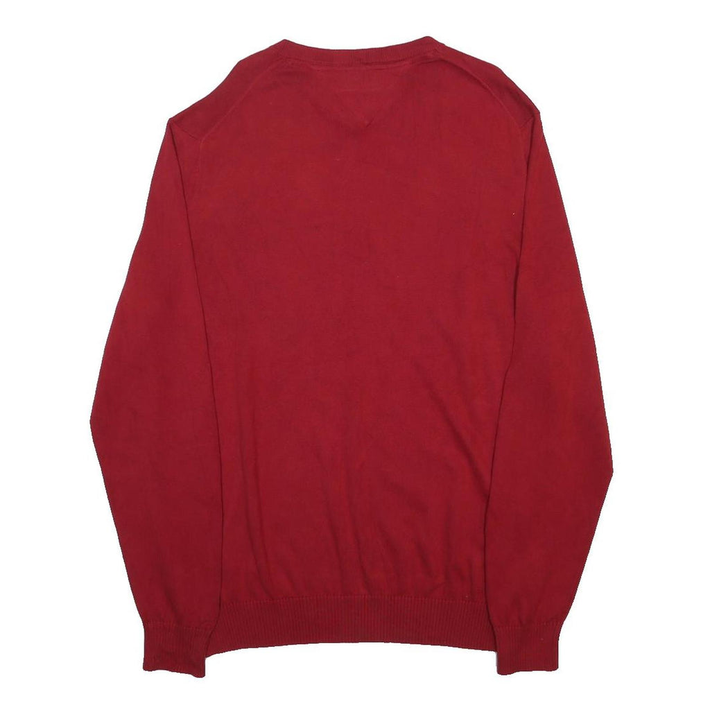 TOMMY HILFIGER Mens Red Plain V Neck Basic Knit Jumper XL Cotton Classic Style
