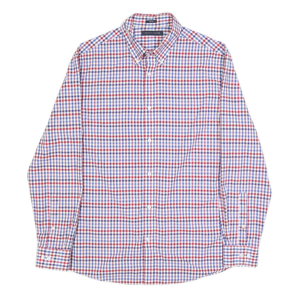 TOMMY HILFIGER Mens Blue & Red Check Shirt M Cotton Button Down Slim Fit