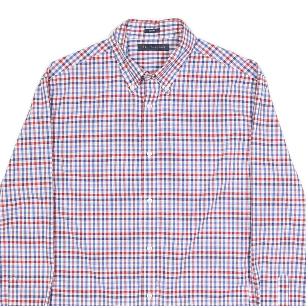 TOMMY HILFIGER Mens Blue & Red Check Shirt M Cotton Button Down Slim Fit
