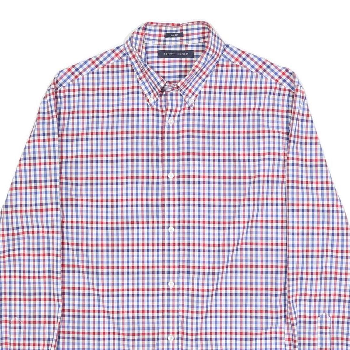 TOMMY HILFIGER Mens Blue & Red Check Shirt M Cotton Button Down Slim Fit