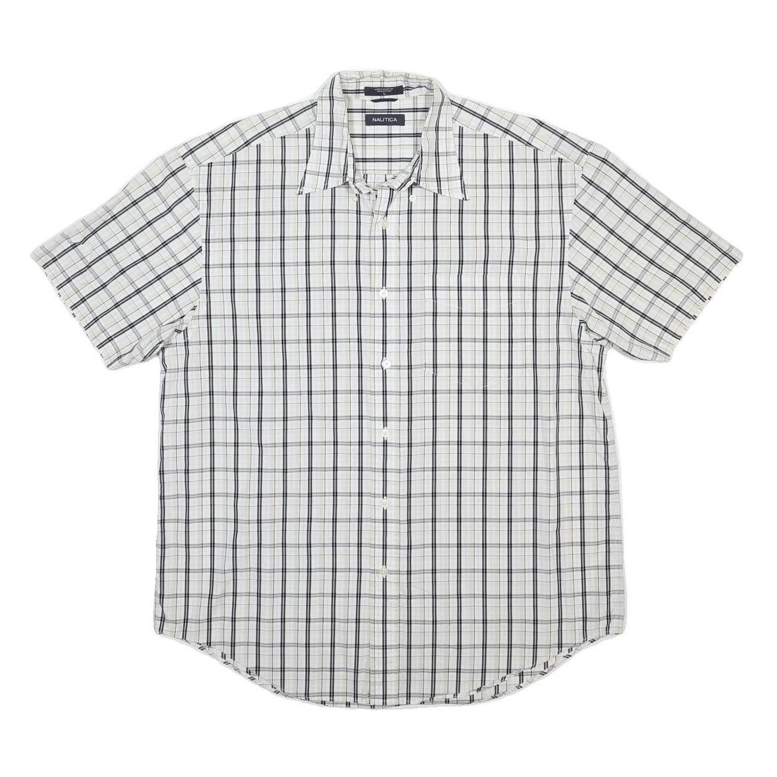 NAUTICA Mens White & Black Checked Short Sleeve Shirt L Casual Cotton