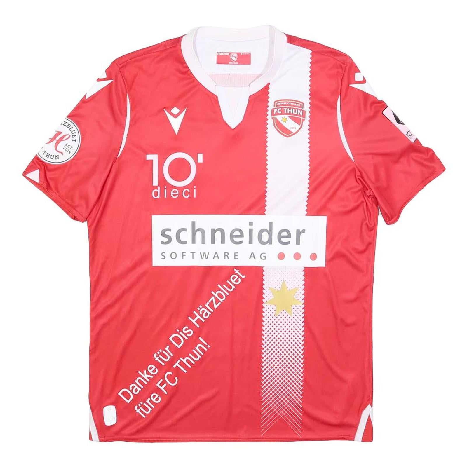 MACRON Mens Red & White FC Thun Football Shirt M Short Sleeve V-Neck Signed