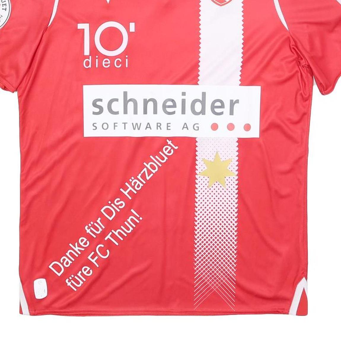 MACRON Mens Red & White FC Thun Football Shirt M Short Sleeve V-Neck Signed