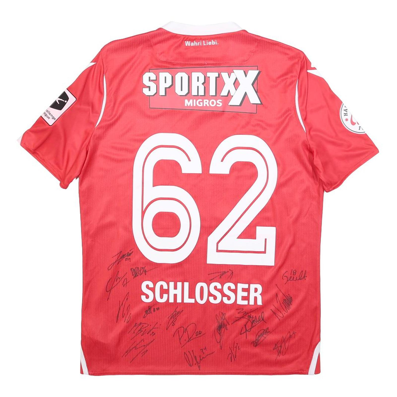 MACRON Mens Red & White FC Thun Football Shirt M Short Sleeve V-Neck Signed