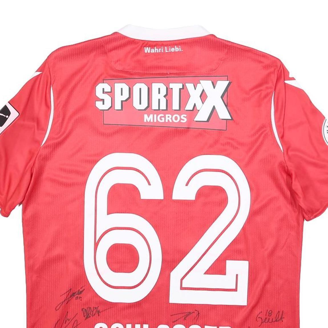 MACRON Mens Red & White FC Thun Football Shirt M Short Sleeve V-Neck Signed