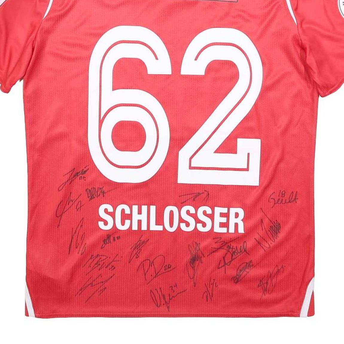 MACRON Mens Red & White FC Thun Football Shirt M Short Sleeve V-Neck Signed