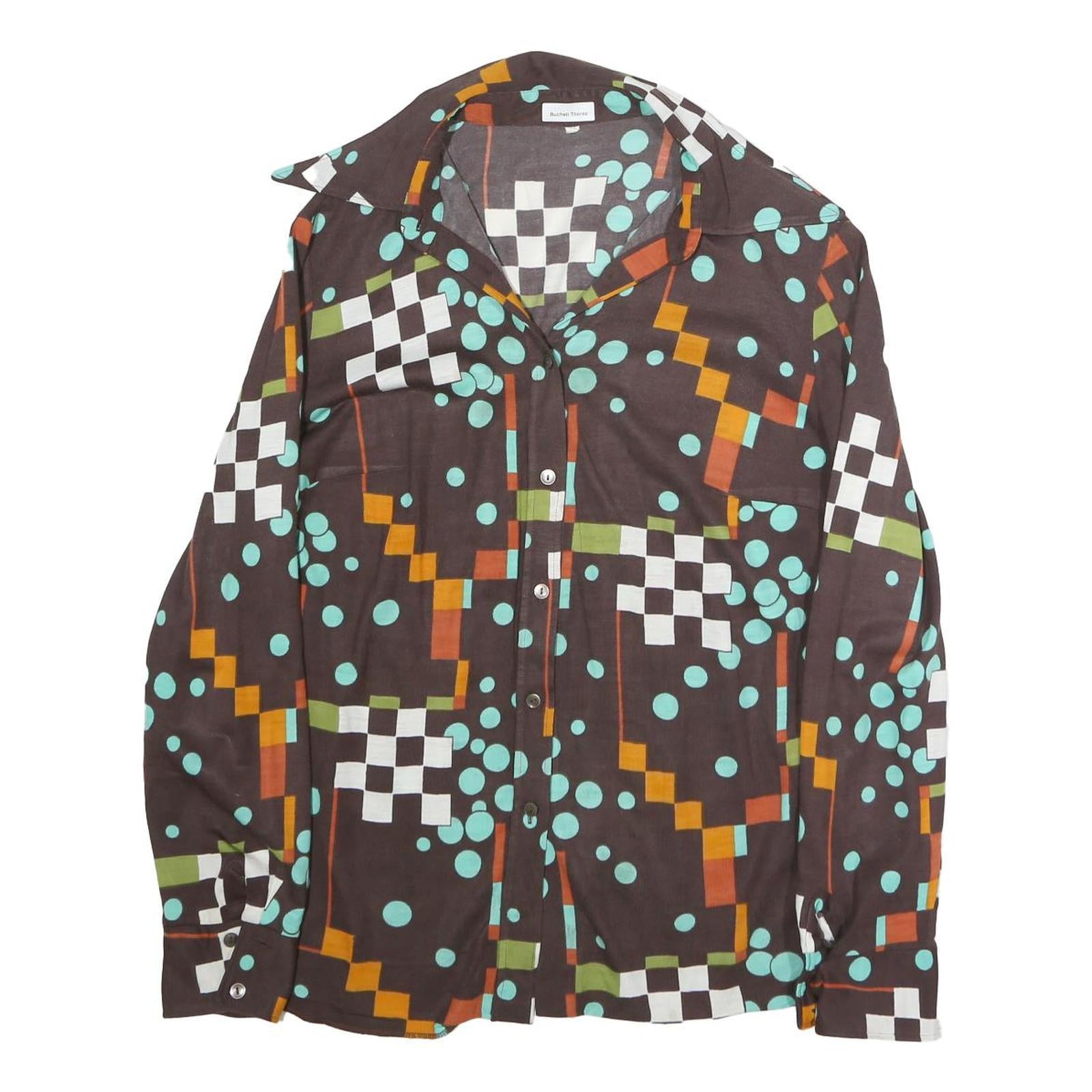 Womens Brown & Aqua Graphic Printed Shirt Long Sleeve Collared L Cotton Blend