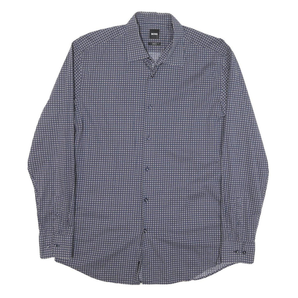 BOSS Mens Blue Pattern Shirt M Cotton Blend Long Sleeve Smart Casual