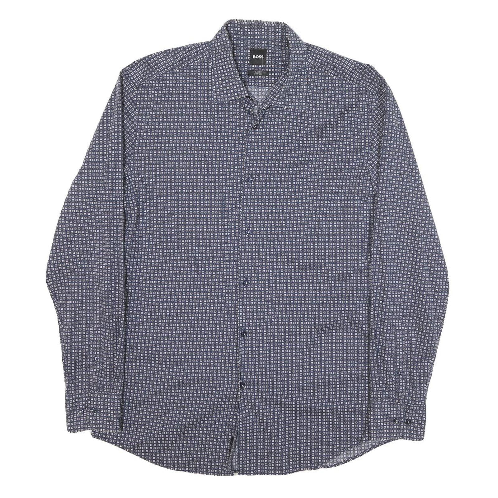 BOSS Mens Blue Pattern Shirt M Cotton Blend Long Sleeve Smart Casual