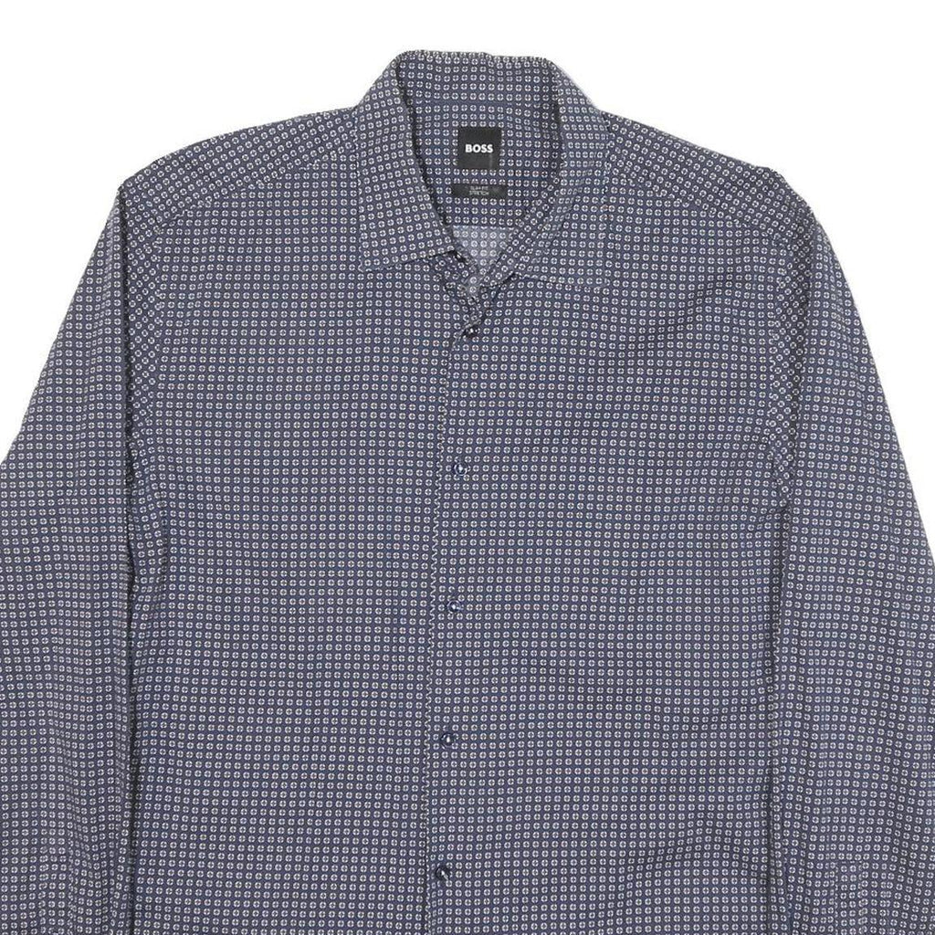 BOSS Mens Blue Pattern Shirt M Cotton Blend Long Sleeve Smart Casual