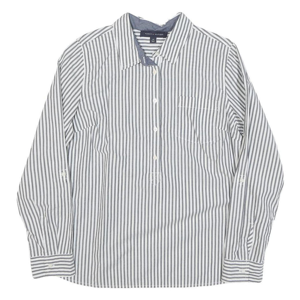 TOMMY HILFIGER Womens White & Grey Striped Shirt Long Sleeve Collared L Cotton