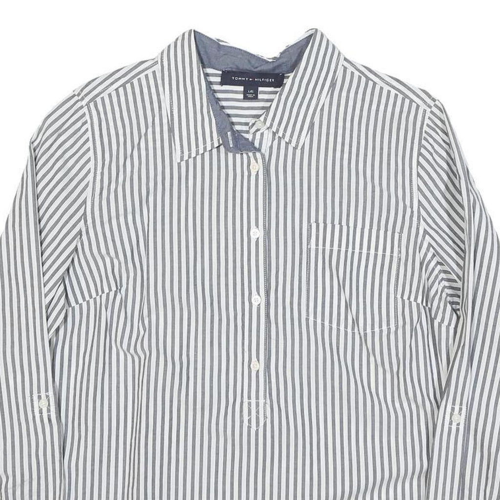 TOMMY HILFIGER Womens White & Grey Striped Shirt Long Sleeve Collared L Cotton