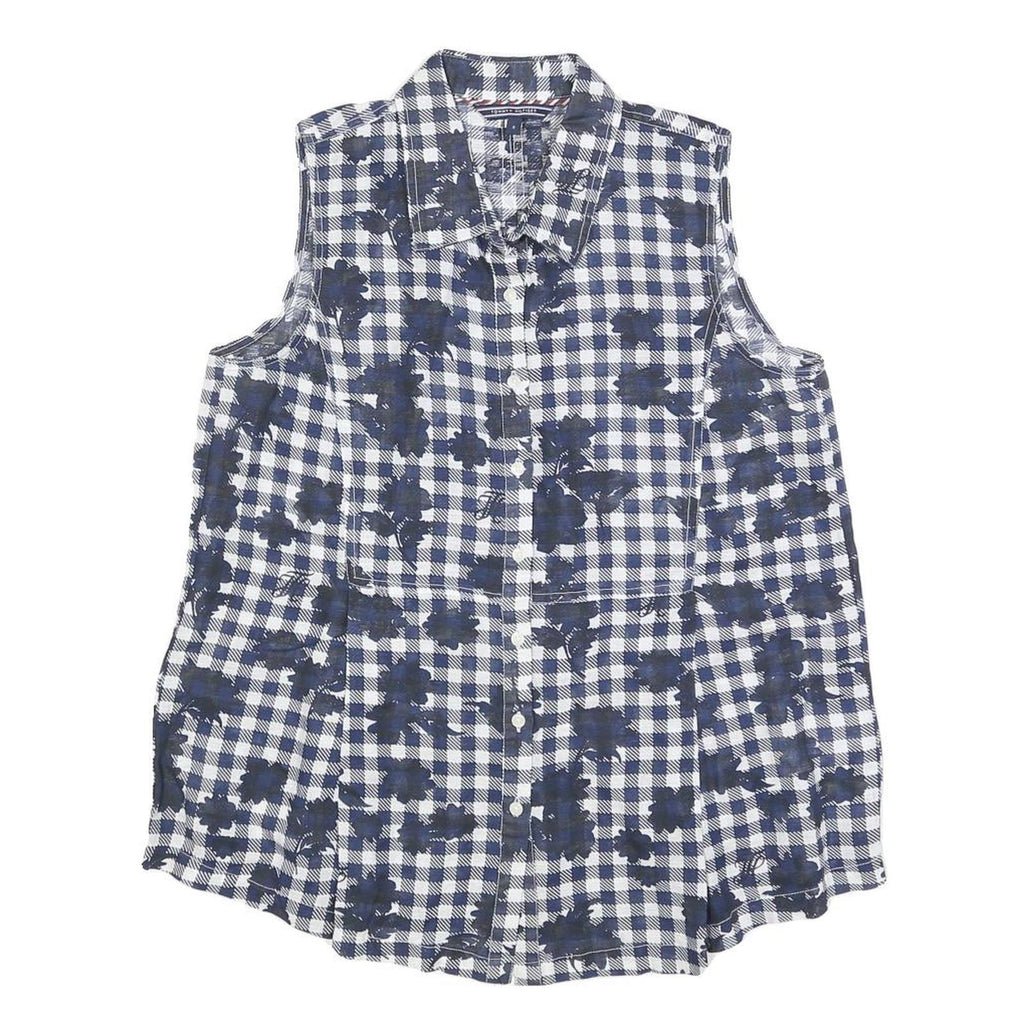 TOMMY HILFIGER Womens Blue & White Sleeveless Check Shirt M Linen Blend