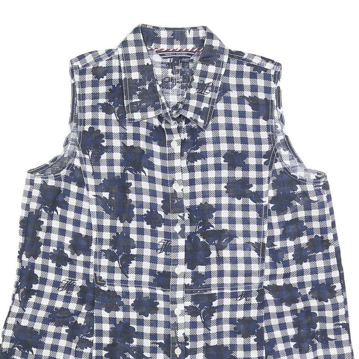 TOMMY HILFIGER Womens Blue & White Sleeveless Check Shirt M Linen Blend