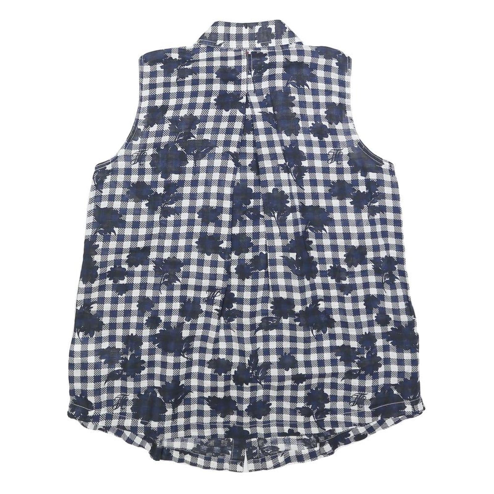 TOMMY HILFIGER Womens Blue & White Sleeveless Check Shirt M Linen Blend
