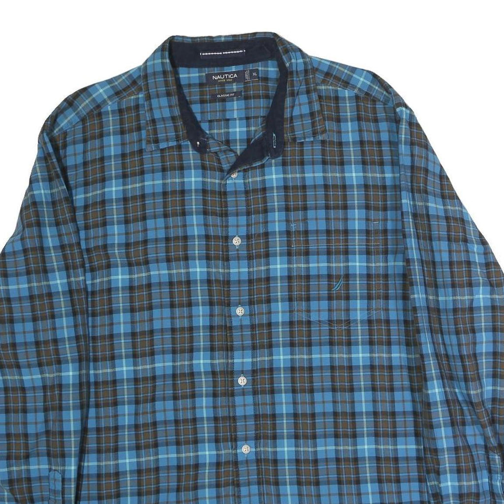 NAUTICA Mens Blue & Brown Check Shirt XL Classic Fit Cotton Long Sleeve Button