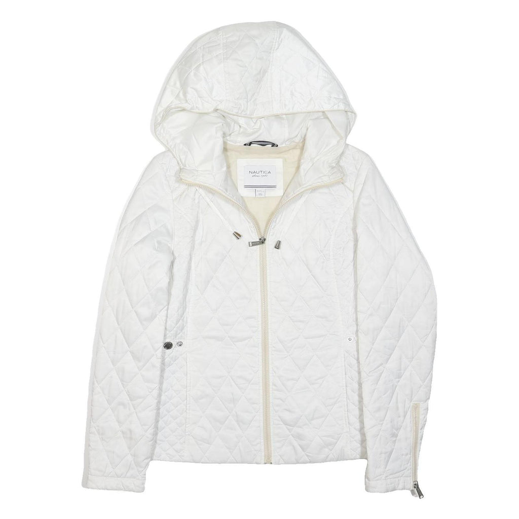 NAUTICA Womens White Quilted Hooded Jacket S Polyester Blend Zip Casual Outdoor