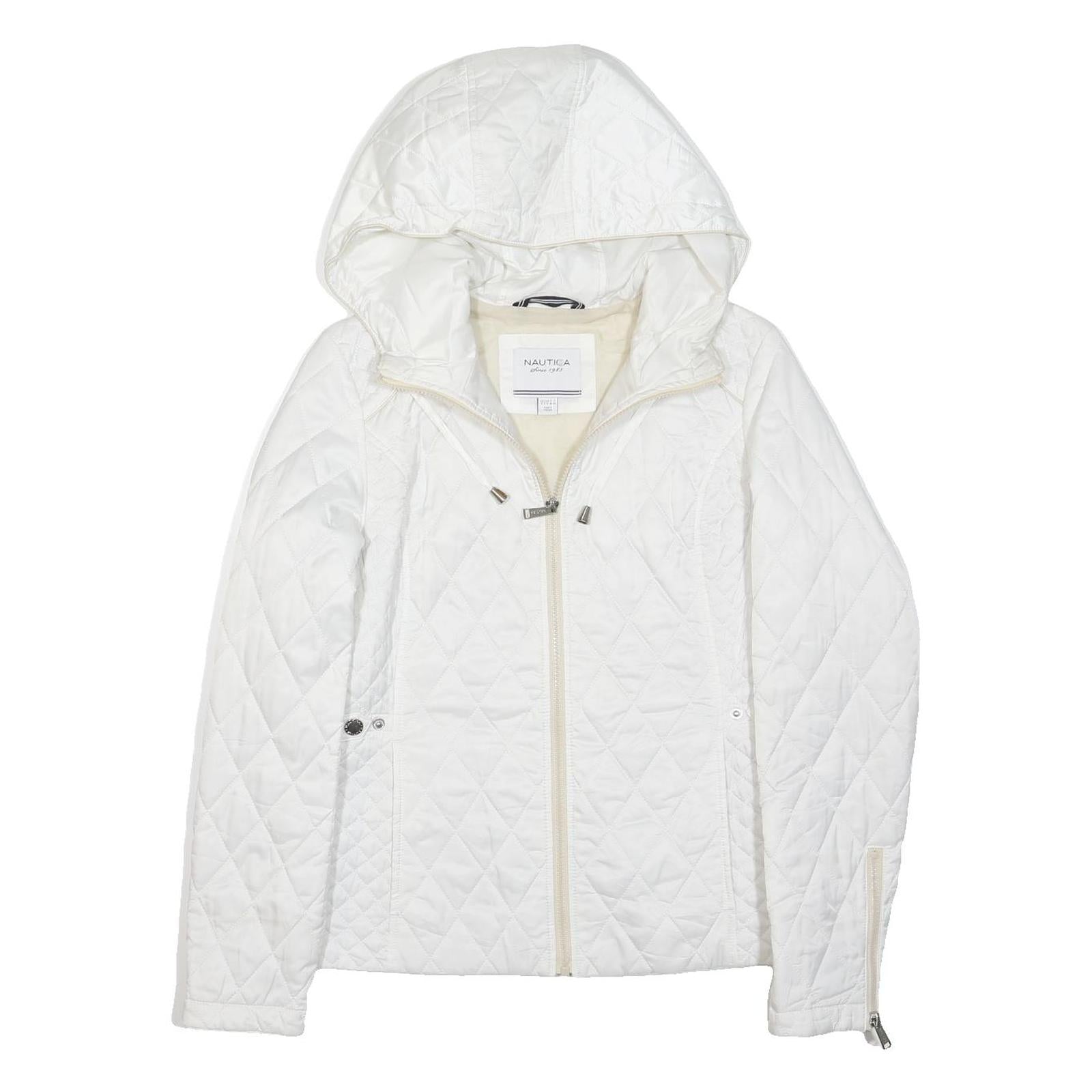 NAUTICA Womens White Quilted Hooded Jacket S Polyester Blend Zip Casual Outdoor