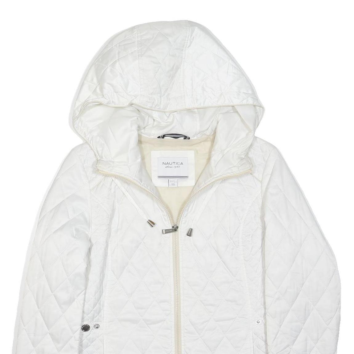 NAUTICA Womens White Quilted Hooded Jacket S Polyester Blend Zip Casual Outdoor