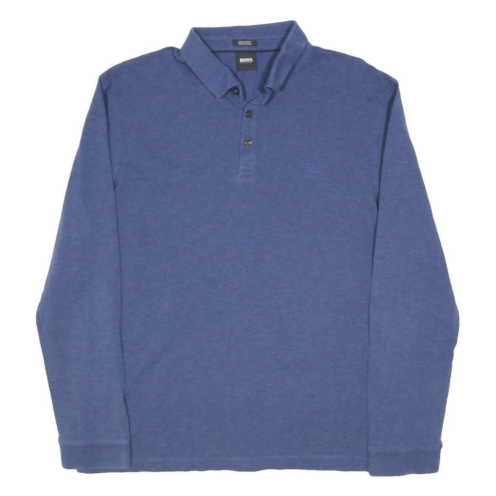 BOSS HUGO BOSS Mens Blue Long Sleeve Plain Polo Shirt XL Cotton Blend Classic
